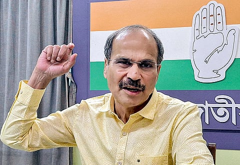 Congress candidate from the Berhampore constituency Adhir Ranjan Chowdhury addresses a press conference, in Murshidabad, West Bengal.