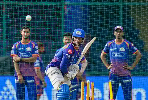 Mumbai Indians' Tilak Varma during a practice session ahead of an Indian Premier League (IPL) 2026 T20 cricket match between Delhi Capitals and Mumbai Indians, in New Delhi.