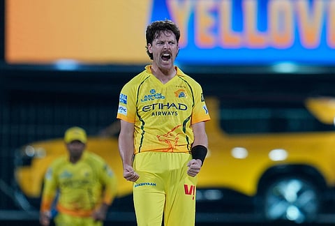 Chennai Super Kings' Matt Henry celebrates the wicket of Punjab Kings' Priyansh Arya during the Indian Premier League cricket match between Chennai Super Kings and Punjab Kings in Chennai.