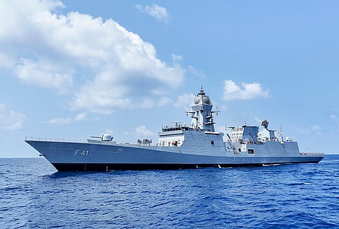 INS Taragiri during its commissioning ceremony in Visakhapatnam, Andhra Pradesh. Chief of Naval Staff Admiral Dinesh Kumar Tripati also seen. 