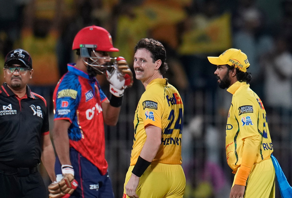 Chennai Super Kings' Matt Henry, center, celebrates the wicket of Punjab Kings' Nehal Wadhera during the Indian Premier League cricket match between Chennai Super Kings and Punjab Kings in Chennai.