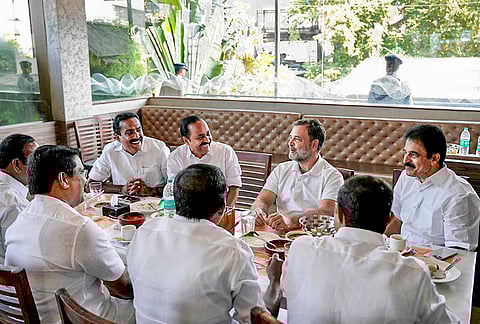 Leader of Opposition in Lok Sabha Rahul Gandhi with Congress MP KC Venugopal, and other party leaders, during a meeting ahead of the Kerala Assembly elections, in Kerala. 