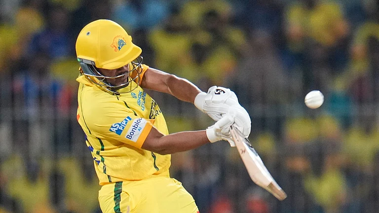 Chennai Super Kings' Ayush Mhatre hits a boundary during the Indian Premier League cricket match between Chennai Super Kings and Punjab Kings in Chennai, India, Friday, April 3, 2026. - AP Photo/Aijaz Rahi