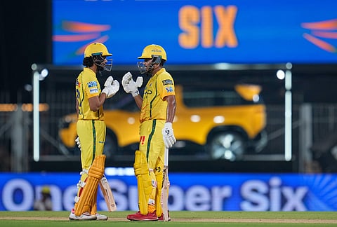 Chennai Super Kings' Ayush Mhatre talks to his captain Ruturaj Gaikwad after hitting a six during the Indian Premier League cricket match between Chennai Super Kings and Punjab Kings in Chennai.