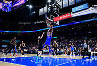 Oklahoma City Thunders Vs Los Angeles Lakers, NBA 2026: Thunder Dismantle Lakers In Record Rout | Photo: AP/Gerald Leong : Oklahoma City Thunder center Branden Carlson (15) shoots against Los Angeles Lakers forward Jake LaRavia (12) during the second half of an NBA basketball game in Oklahoma City.
