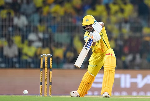 Chennai Super Kings' captain Ruturaj Gaikwad hits a boundary during the Indian Premier League cricket match between Chennai Super Kings and Punjab Kings in Chennai.