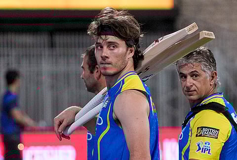 Chennai Super Kings' Dewald Brevis, centre, during a practice session on the eve of the Indian Premier League (IPL) 2026 cricket match between Chennai Super Kings and Punjab Kings, at MA Chidambaram Stadium in Chennai. 