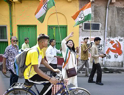 candidate from South Howrah constituency, Deepshikha Bhowmik, campaigns for the West Bengal Assembly elections, in Howrah.