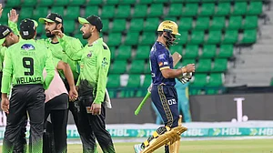 thepslt20?x : Lahore Qalandars cricketers celebrate a wicket of Multan Sultans during PSL 2026 clash at Gaddafi Stadium.
