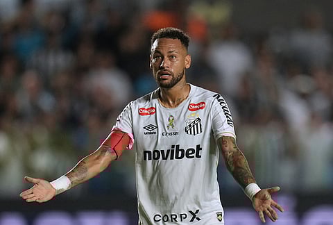 Santos' Neymar reacts during a Brazilian soccer league match against Remo in Santos, Brazil.