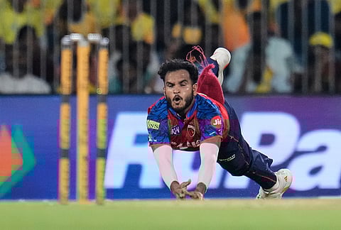Punjab Kings' Vijaykumar Vyshak drops a catch of Chennai Super Kings' Ayush Mhatre during the Indian Premier League cricket match between Chennai Super Kings and Punjab Kings in Chennai.