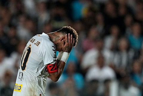 Santos' Neymar reacts during a Brazilian soccer league match against Remo in Santos, Brazil.