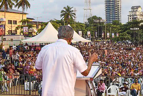 Kerala Chief Minister Pinarayi Vijayan addresses a public meeting ahead of the state Assembly elections, in Kozhikode,