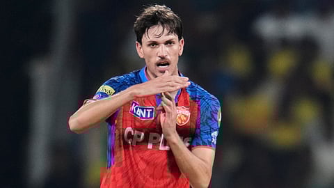 Punjab Kings' Marcus Stoinis asks the Decision Review System (DRS) for the wicket Chennai Super Kings' Kartik Sharma of during the Indian Premier League cricket match between Chennai Super Kings and Punjab Kings in Chennai, India, Friday, April 3, 2026.