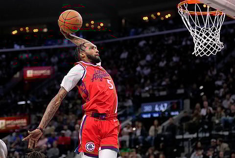 Los Angeles Clippers forward Derrick Jones Jr. dunks during the second half of an NBA basketball game against the San Antonio Spurs, in Inglewood, California.
