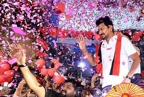 Tamil Nadu Deputy Chief Minister and DMK Youth Wing Secretary Udhayanidhi Stalin holds a roadshow ahead of the state Assembly elections, at Chepauk-Thiruvallikeni constituency, in Chennai.