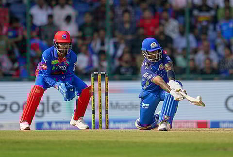 Mumbai Indians' Suryakumar Yadav plays a shot during the Indian Premier League cricket match between Delhi Capitals and Mumbai Indians in New Delhi.