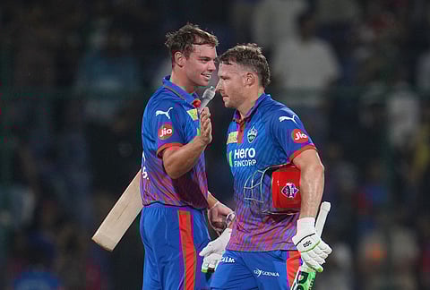 Delhi Capitals' David Miller and Tristan Stubbs celebrate their win in the Indian Premier League cricket match between Delhi Capitals and Mumbai Indians in New Delhi.