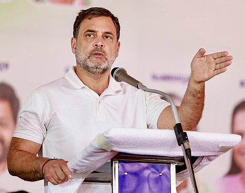 Leader of Opposition in Lok Sabha and Congress leader Rahul Gandhi addresses a public meeting ahead of Kerala Assembly elections, in Alappuzha, Kerala. 