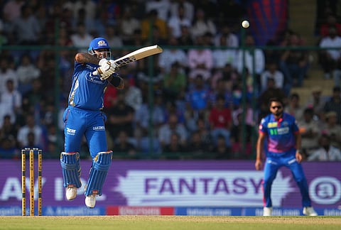 Mumbai Indians' Shefane Rutherford plays a shot during the Indian Premier League cricket match between Delhi Capitals and Mumbai Indians in New Delhi.