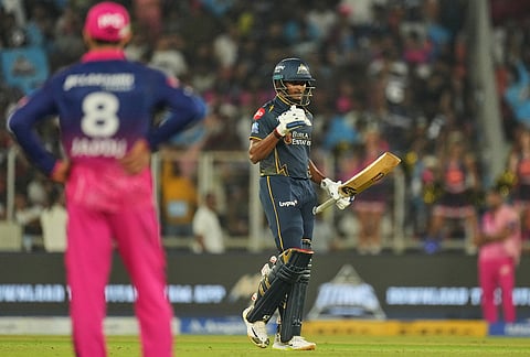 Gujarat Titans' Sai Sudharsan celebrates his fifty runs during the Indian Premier League cricket match between Gujarat Titans and Rajasthan Royals in Ahmedabad