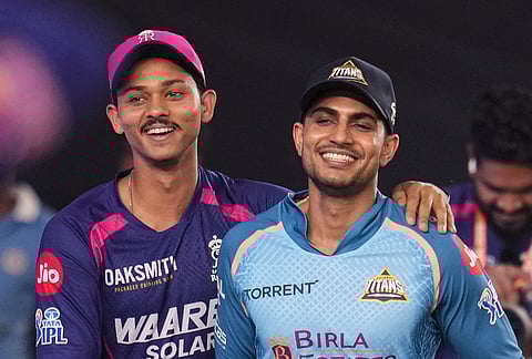 Gujarat Titans' captain Shubman Gill, right, and Rajasthan Royals' Yashasvi Jaiswal during a practice session ahead of an Indian Premier League (IPL) 2026 T20 cricket match between Gujarat Titans and Rajasthan Royals, in Ahmedabad, Gujarat.