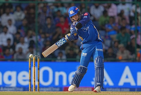 Mumbai Indians' Corbin Bosch plays a shot during the Indian Premier League cricket match between Delhi Capitals and Mumbai Indians in New Delhi.