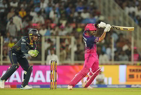 Rajasthan Royals' Dhruv Jurel plays a shot during the Indian Premier League cricket match between Gujarat Titans and Rajasthan Royals in Ahmedabad.