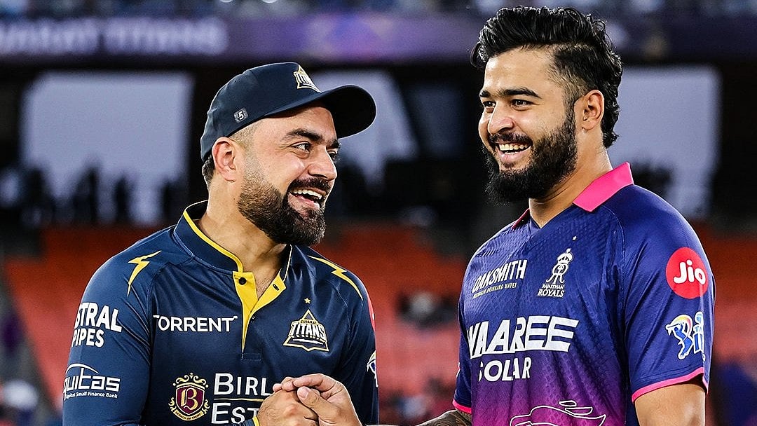 Rashid Khan and Riyan Parag at the toss of GT vs RR IPL 2026 match at the Narendra Modi Stadium in Ahmedabad.  - rajasthanroyals/X