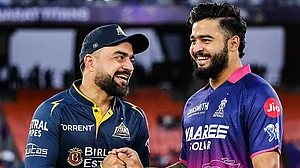 rajasthanroyals/X : Rashid Khan and Riyan Parag at the toss of GT vs RR IPL 2026 match at the Narendra Modi Stadium in Ahmedabad.