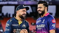 rajasthanroyals/X : Rashid Khan and Riyan Parag at the toss of GT vs RR IPL 2026 match at the Narendra Modi Stadium in Ahmedabad. 