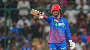 (AP Photo/Manish Swarup) : Delhi Capitals' Sameer Rizvi celebrates his fifty runs during the Indian Premier League cricket match between Delhi Capitals and Mumbai Indians in New Delhi, India, Saturday, April. 4, 2026.