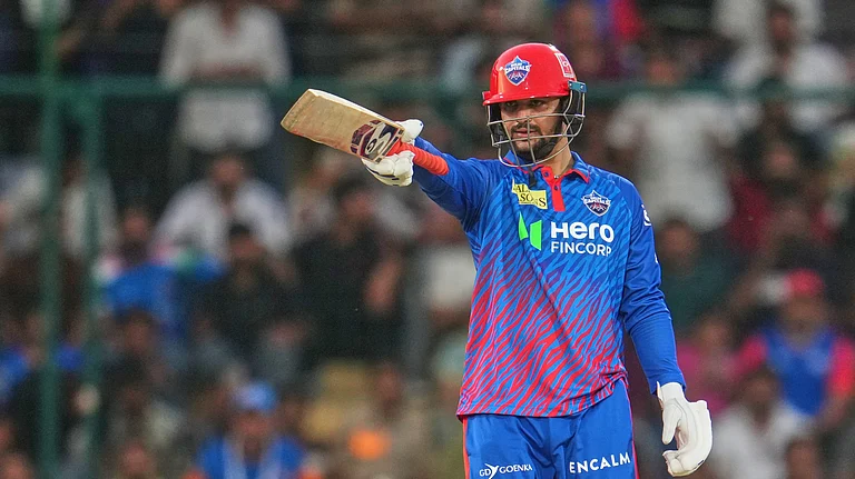 Delhi Capitals' Sameer Rizvi celebrates his fifty runs during the Indian Premier League cricket match between Delhi Capitals and Mumbai Indians in New Delhi, India, Saturday, April. 4, 2026. - (AP Photo/Manish Swarup)