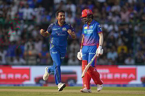 Mumbai Indians' Deepak Chahar celebrates the wicket of Delhi Capitals' KL Rahul during the Indian Premier League match in New Delhi, Saturday, April. 4, 2026.