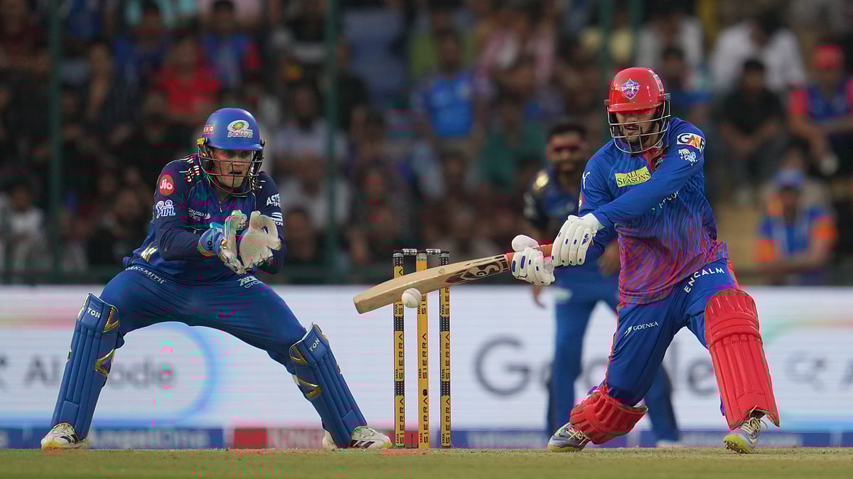 Delhi Capitals' Sameer Rizvi plays a shot during the Indian Premier League cricket match between Delhi Capitals and Mumbai Indians in New Delhi, India, Saturday, April. 4, 2026. - (AP Photo/Manish Swarup)
