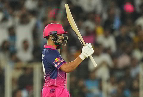 Rajasthan Royals' Dhruv Jurel celebrates his fifty runs during the Indian Premier League cricket match between Gujarat Titans and Rajasthan Royals in Ahmedabad.