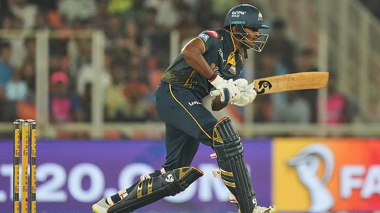 Gujarat Titans' Sai Sudharsan plays a shot during the Indian Premier League cricket match between Gujarat Titans and Rajasthan Royals in Ahmedabad, India, Saturday, April 4, 2026. - AP Photo