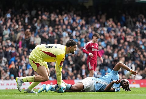 Manchester City's Antoine Semenyo reacts during the FA Cup quarter-final soccer match between Manchester City and Liverpool in Manchester, England.