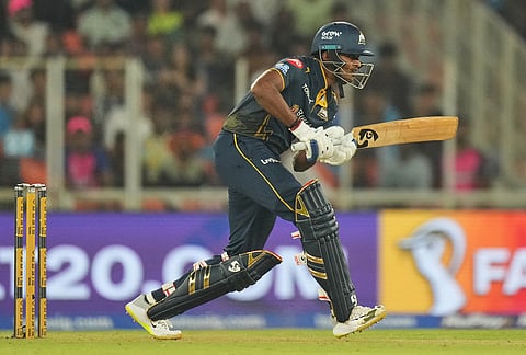 Gujarat Titans' Sai Sudharsan plays a shot delivery during the Indian Premier League cricket match between Gujarat Titans and Rajasthan Royals in Ahmedabad.