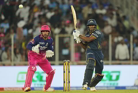 Gujarat Titans' Sai Sudharsan plays a shot during the Indian Premier League cricket match between Gujarat Titans and Rajasthan Royals in Ahmedabad.