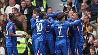 Photo: AP : Chelsea players celebrate after Jorrel Hato scored his side's opening goal during the English FA Cup quarter-final against Port Vale in London.
