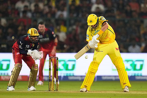 Chennai Super Kings' Jamie Overton bats during the Indian Premier League cricket match between Chennai Super Kings and Royal Challengers Bengaluru in Bengaluru, India.