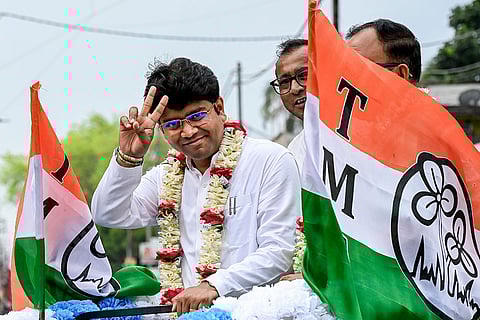 TMC candidate for the Santipur Assembly constituency, Braja Kishore Goswami  during an election campaign ahead of the West Bengal Assembly Election, in Nadia district.