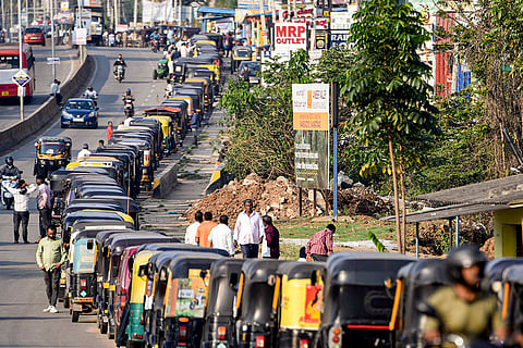 Auto-rickshaws queued up amid the disruptions of the supply of LPG, in Chikkamagaluru, Karnataka.