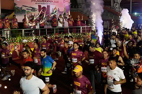 New Delhi: People take part in the second edition of Soldierathon Delhi 2026 Half Marathon in association with the Armed Forces organised by Punjab National Bank, at Jawaharlal Nehru Stadium, in New Delhi.