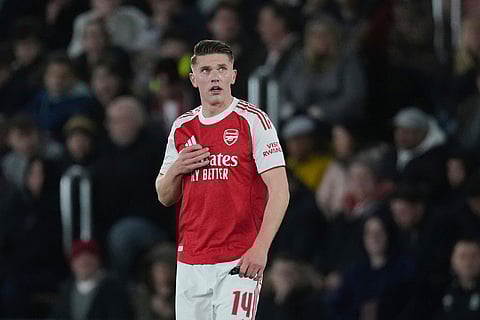 Arsenal's Viktor Gyoekeres celebrates after scoring his side's first goal during the English FA Cup quaterfinal soccer match between Southampton and Arsenal in Southampton, England.