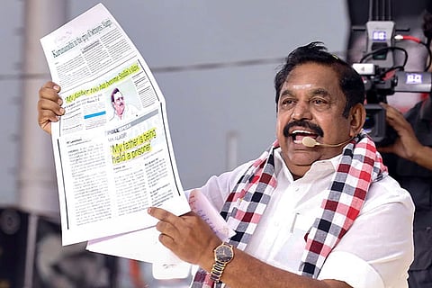 In this image posted on April 4, 2026, AIADMK General Secretary Edappadi K Palaniswami speaks during an election campaign in the Arani Assembly constituency ahead of the Tamil Nadu Assembly elections, in Arani, Tamil Nadu.