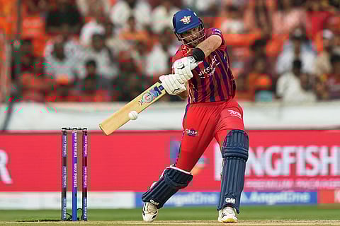 Lucknow Super Giants' Aiden Markram hits a boundary during the Indian Premier League cricket match between Sunrisers Hyderabad and Lucknow Super Giants in Hyderabad, India.