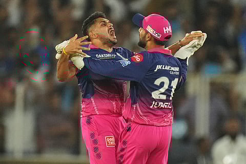 Tushar Deshpande and Dhruv Jurel celebrating after the win