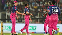 | Photo: AP/Ajit Solanki : Rajasthan Royals' Ravi Bishnoi, second left, celebrates with teammates the wicket of Gujarat Titans' Sai Sudharsan during the Indian Premier League cricket match between Gujarat Titans and Rajasthan Royals in Ahmedabad.